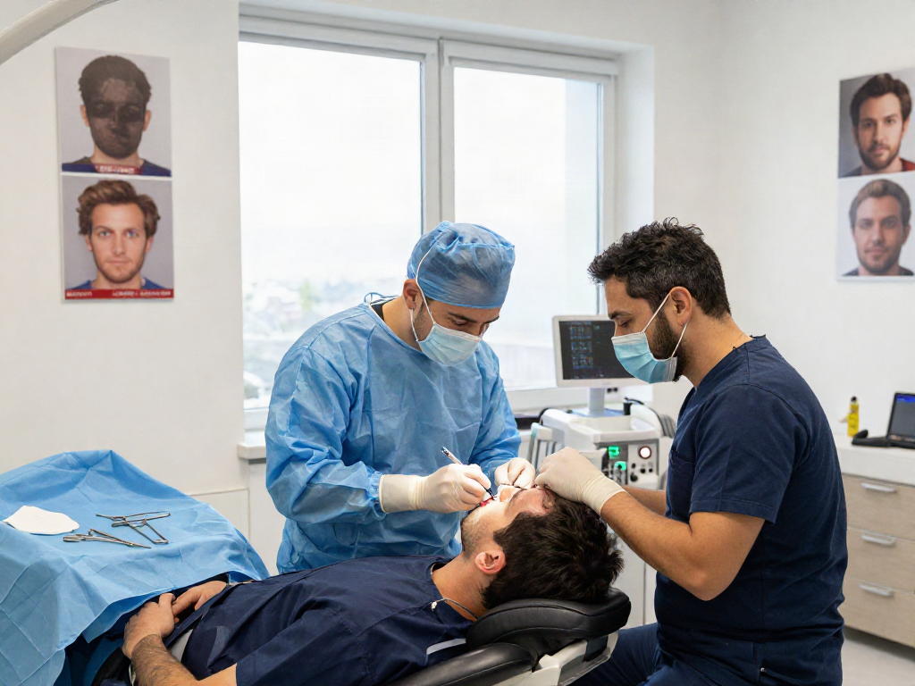 Hair transplant Istanbul procedure with expert surgeon and patient in modern clinic setting