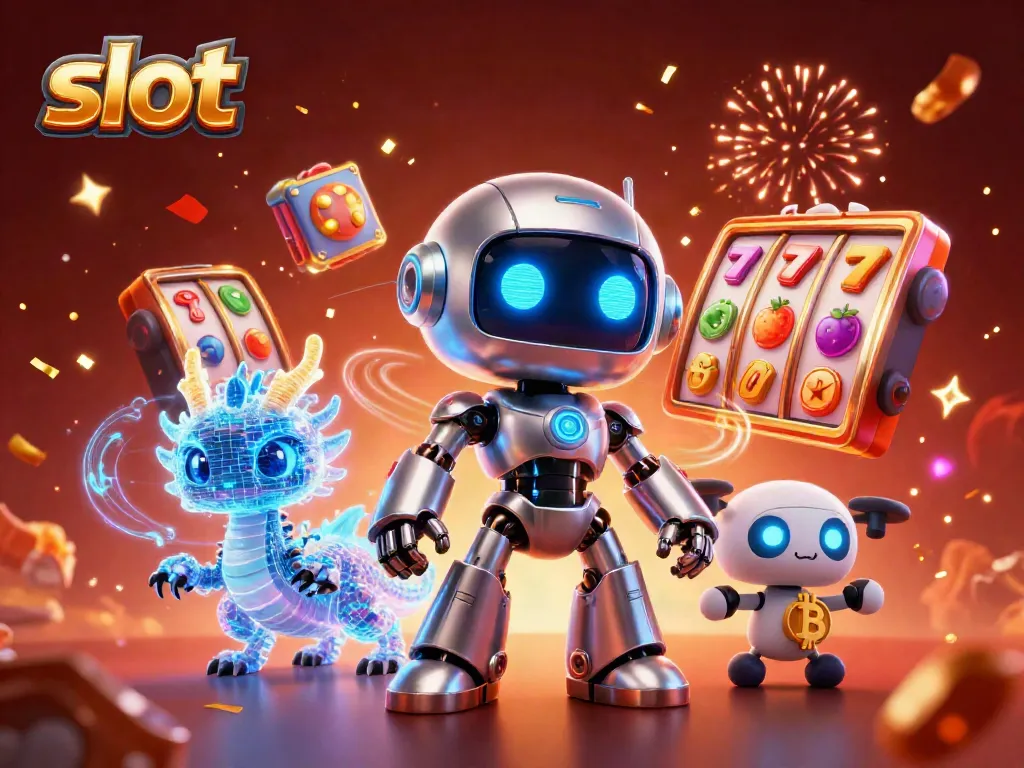 Spin the slot reels with cyberpunk mascot and AI companions, showcasing casino excitement.