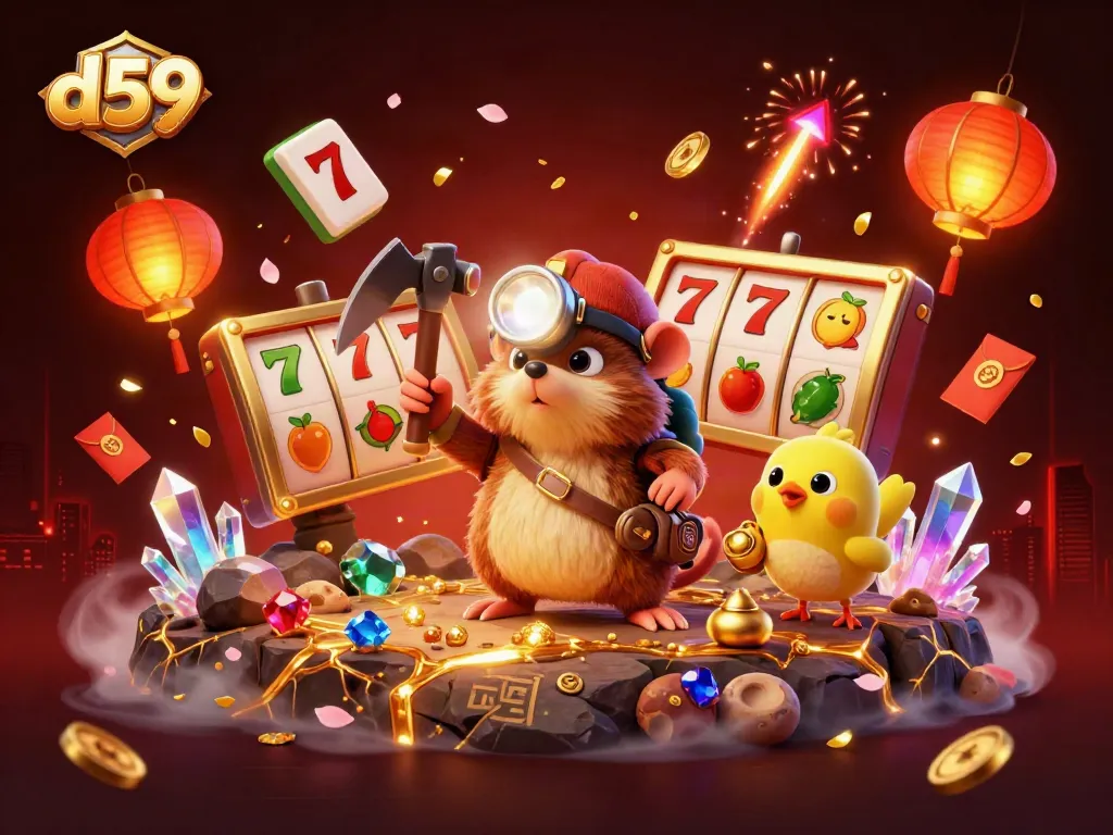 Experience the thrill of d59 with vibrant slots and golden treasures illustrated in a dynamic scene.