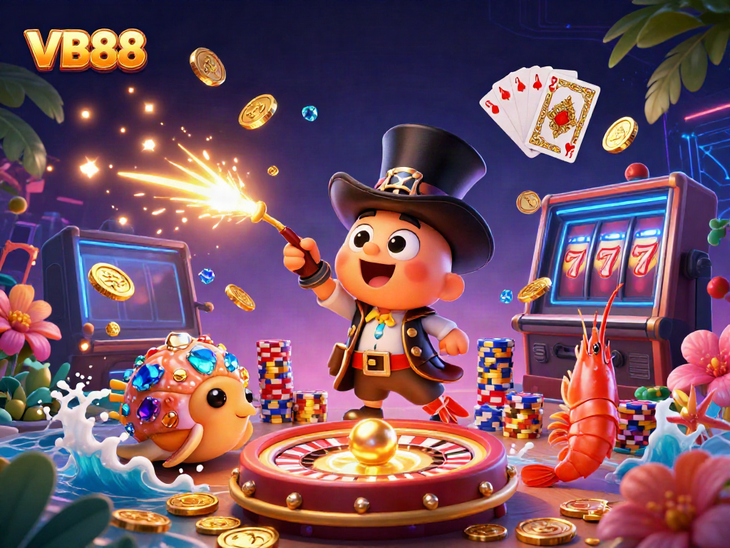 Experience the thrill of VB88 with golden coins and lively characters in this vibrant casino-themed illustration.