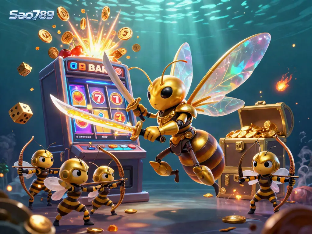 Sao789 showcases an epic 3D illustration of a golden hornet samurai amidst vibrant casino elements, presenting engaging gameplay.