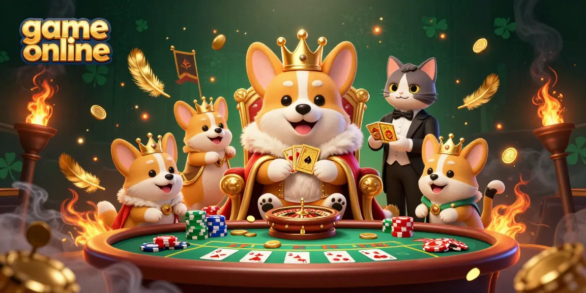 Play engaging game online with royal corgi in a vibrant casino scene featuring poker and roulette elements.