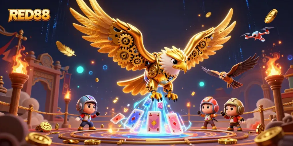 Experience thrilling casino action with RED88's vibrant 3D illustration featuring a diving eagle and holographic elements.