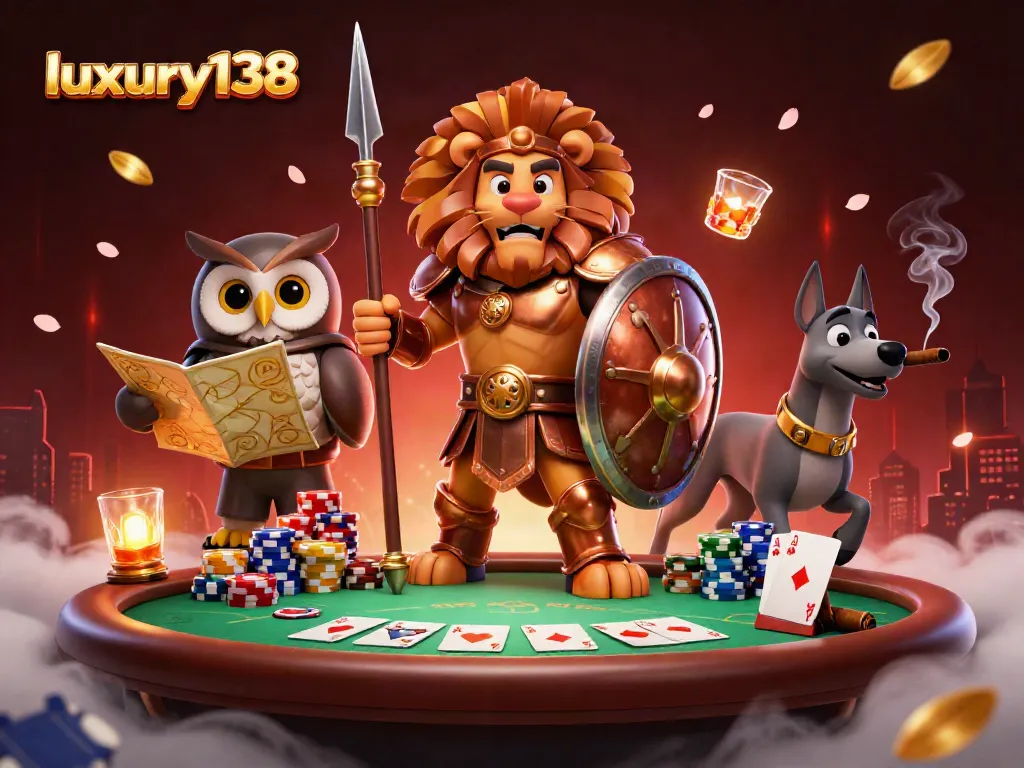 luxury138 merasakan pengalaman bermain poker dengan karakter unik dalam ilustrasi 3D yang penuh warna.