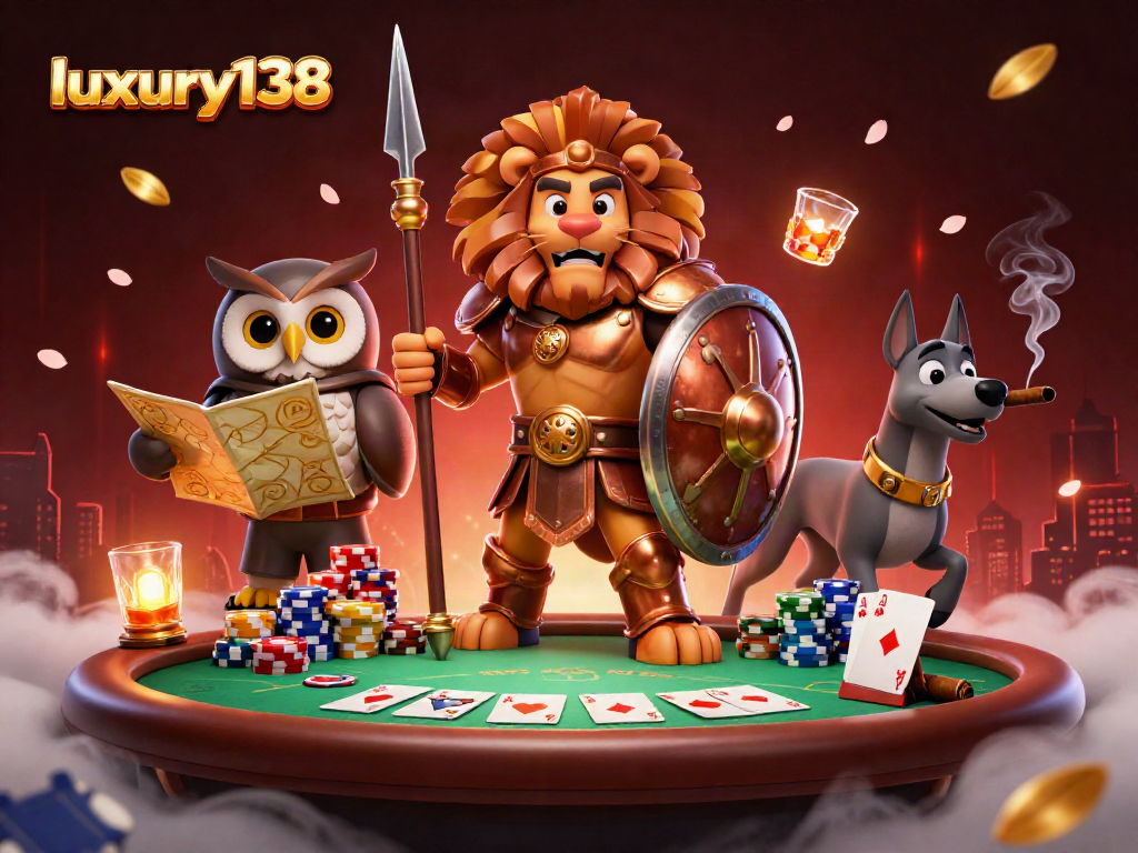 luxury138 merasakan pengalaman bermain poker dengan karakter unik dalam ilustrasi 3D yang penuh warna.