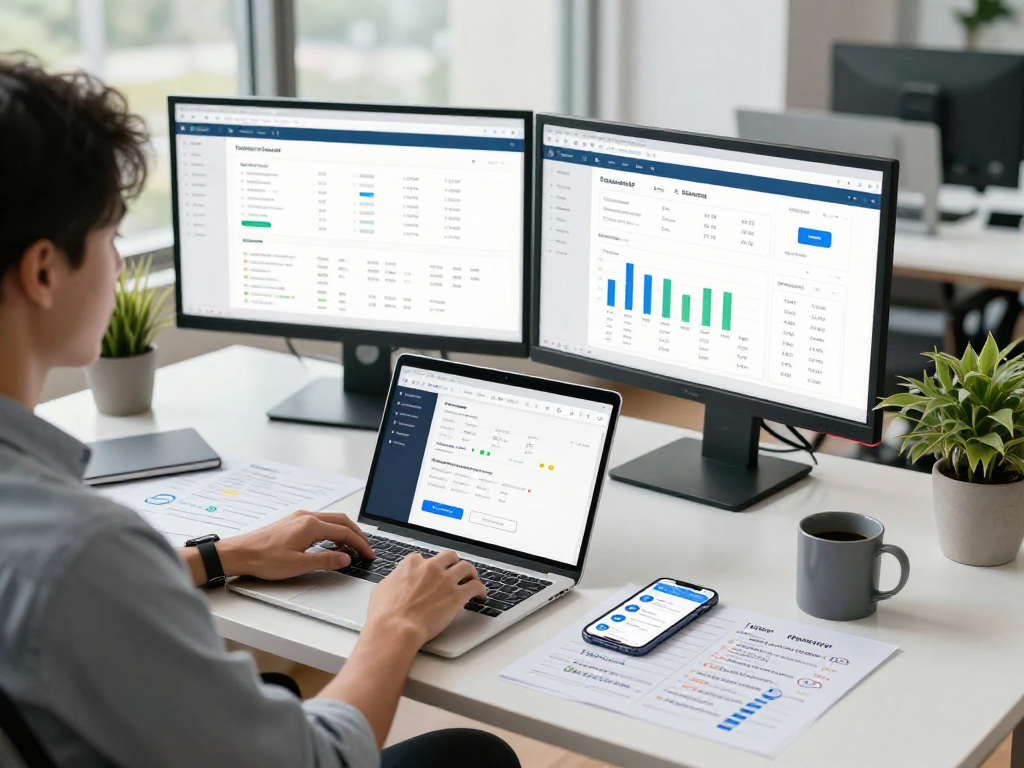 Buy app downloads in a modern office setting where an entrepreneur analyzes app analytics on dual monitors, showcasing business success.