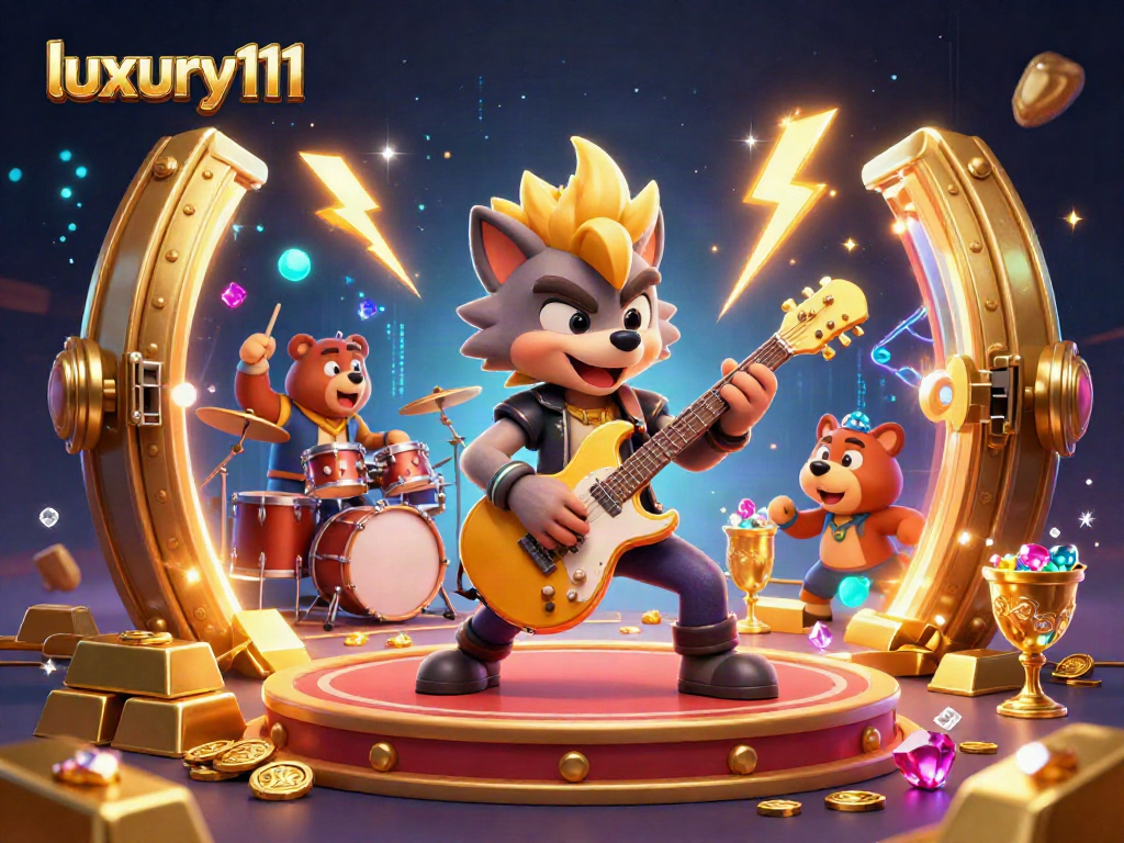 Shred with luxury111! 3D cartoon wolf rock star performs on a dazzling casino stage.