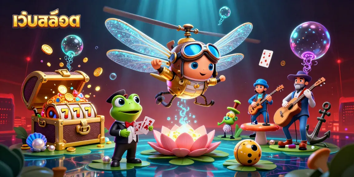 Experience the thrilling เว็บสล็อต action at an enchanting lily pad casino with vibrant characters.