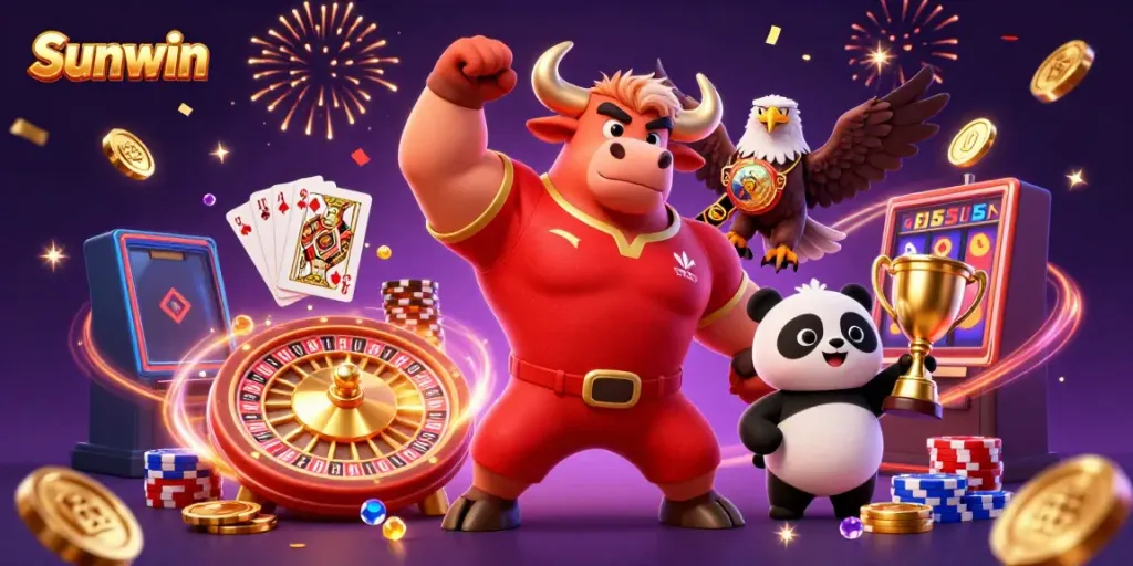 Engage in thrilling gaming with Sunwin, featuring a lively scene of characters and casino elements.