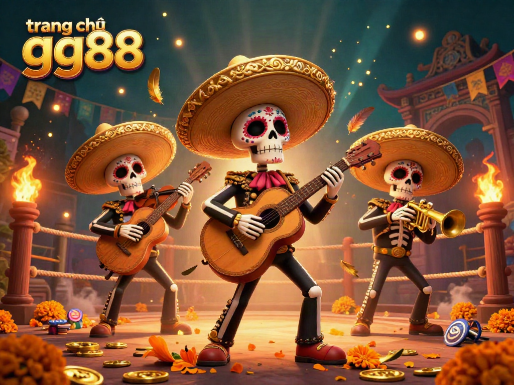 Engage with the vibrant scene of trang chủ gg88 featuring a Day of the Dead mariachi band amidst gold coins and dynamic gambling elements.