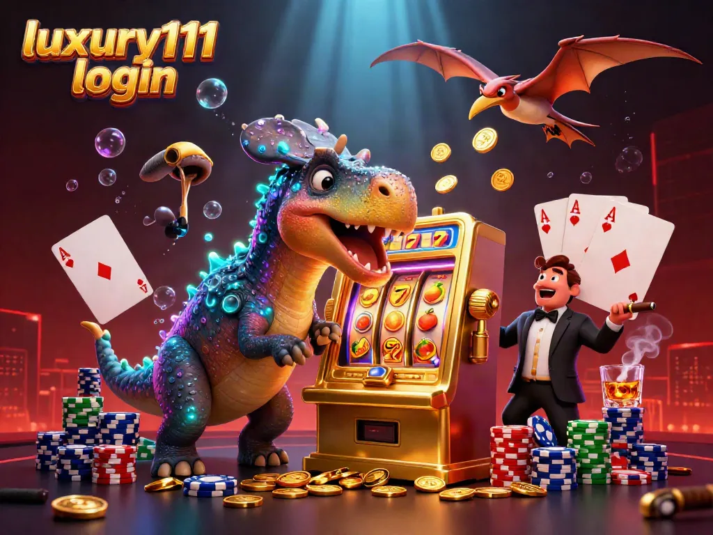 Experience the excitement of the luxury111 login as a pachycephalosaurus triggers a jackpot at a slot machine amidst flying coins.