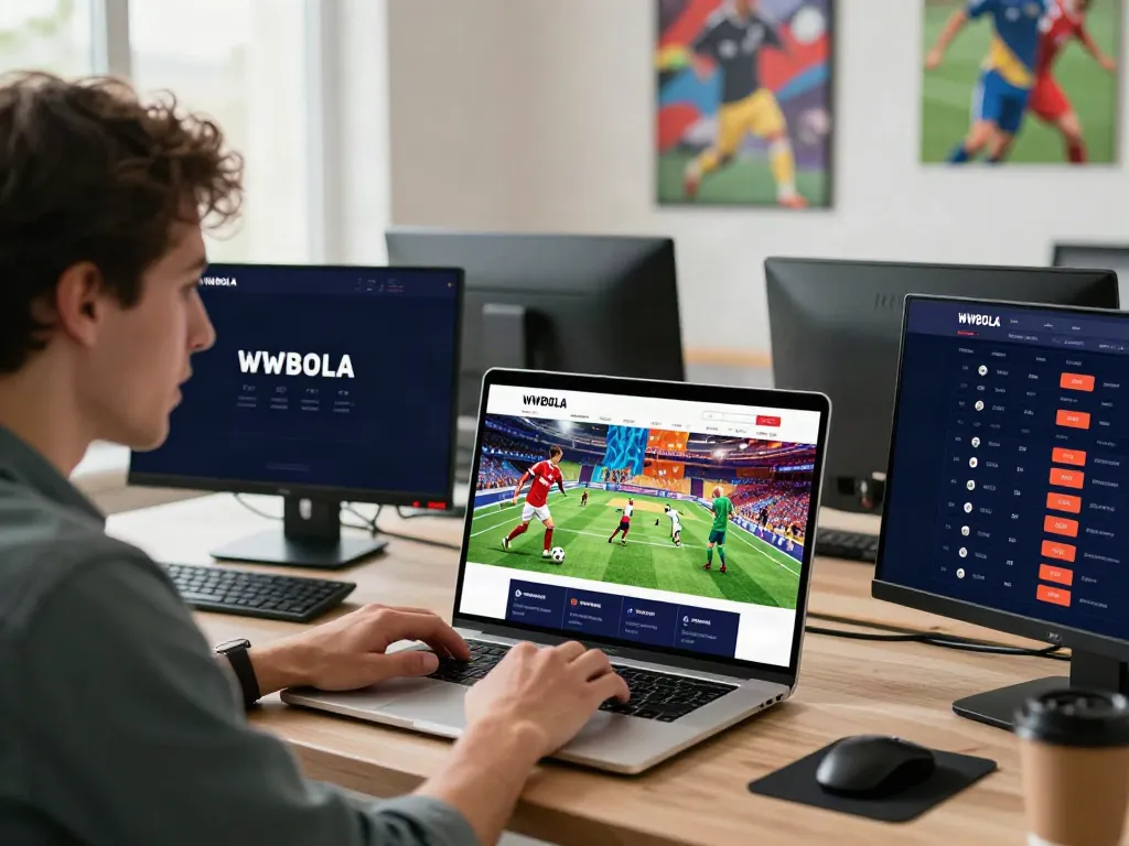 WWBOLA user engaging with high odds soccer betting interface, vibrant and dynamic.