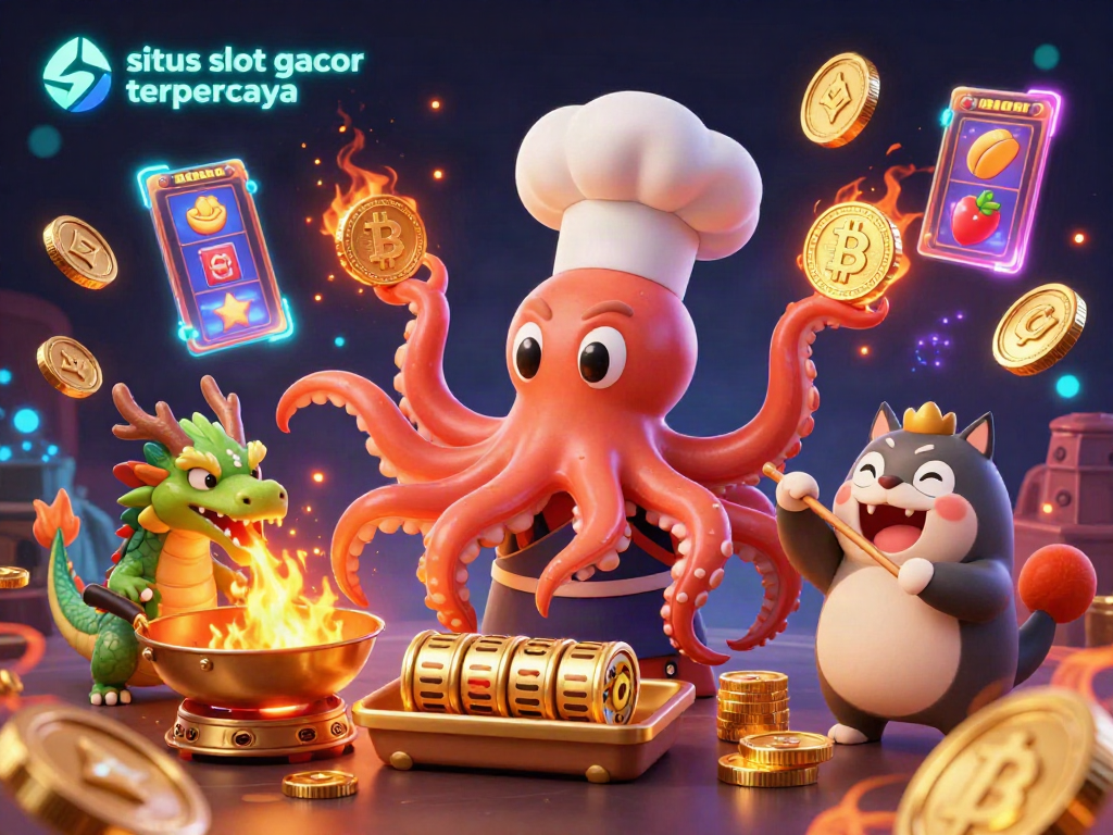 Experience excitement with situs slot gacor terpercaya as a sushi chef octopus prepares golden slot reels in a vibrant casino scene.