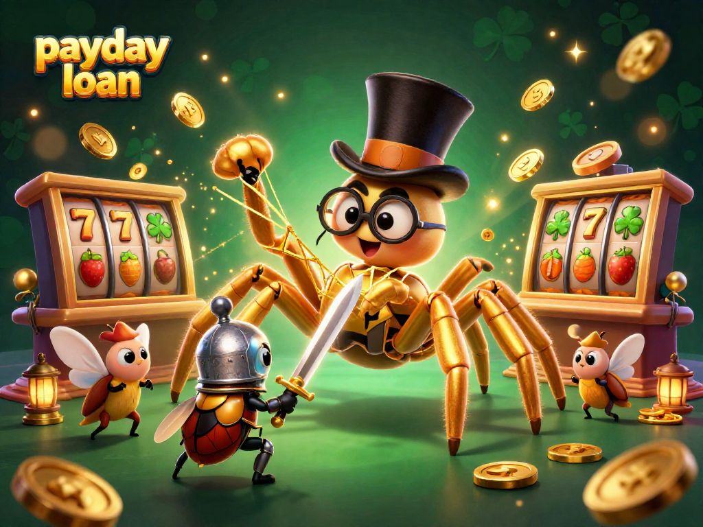 Exciting payday loan action depicted with a golden tarantula, beetle knight, and vibrant casino elements.