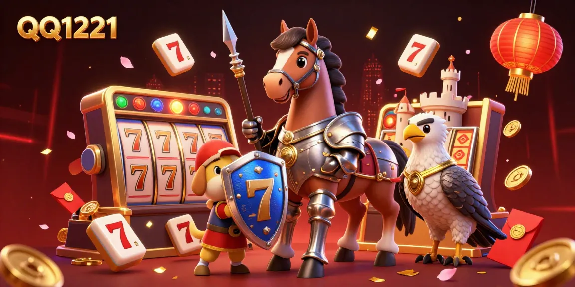 Engage with QQ1221 in a vibrant 3D casino illustration featuring playful characters surrounded by rich gaming elements.