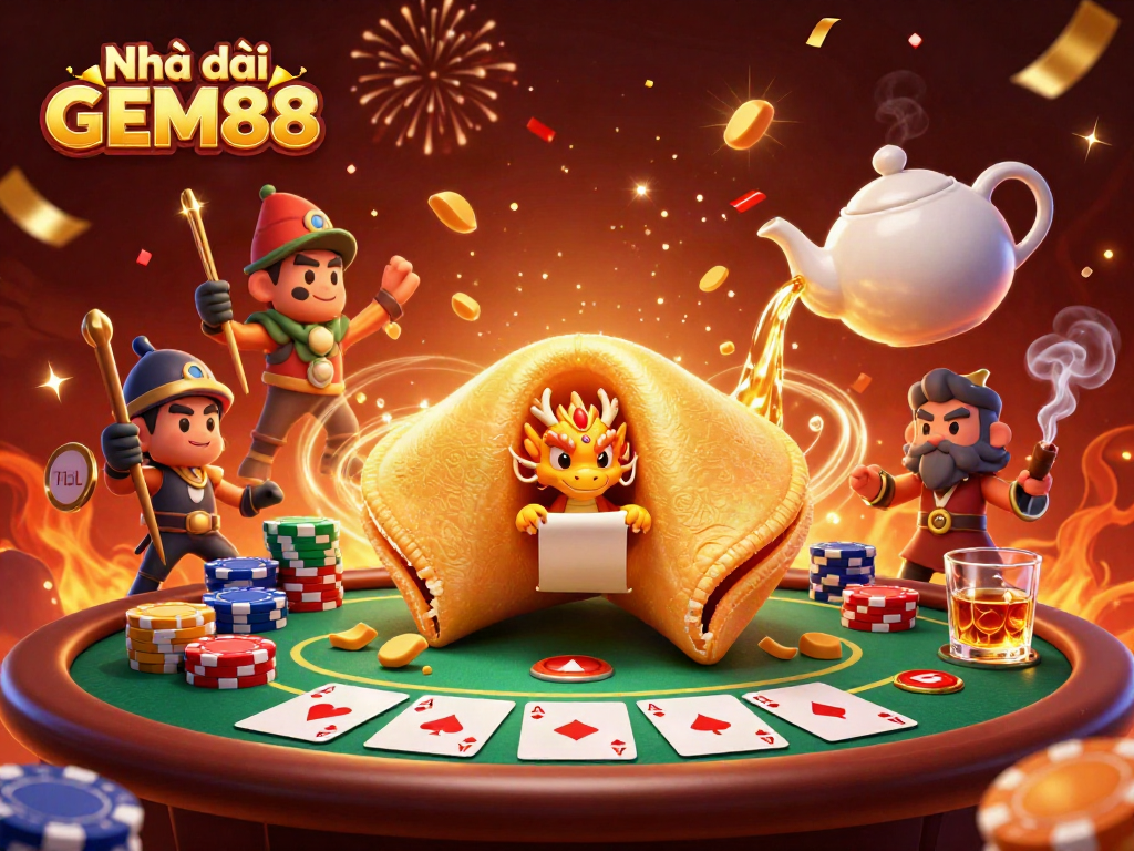 Play exciting games at Nhà cái GEM88 with a dynamic 3D illustration of card champions and vibrant casino elements.