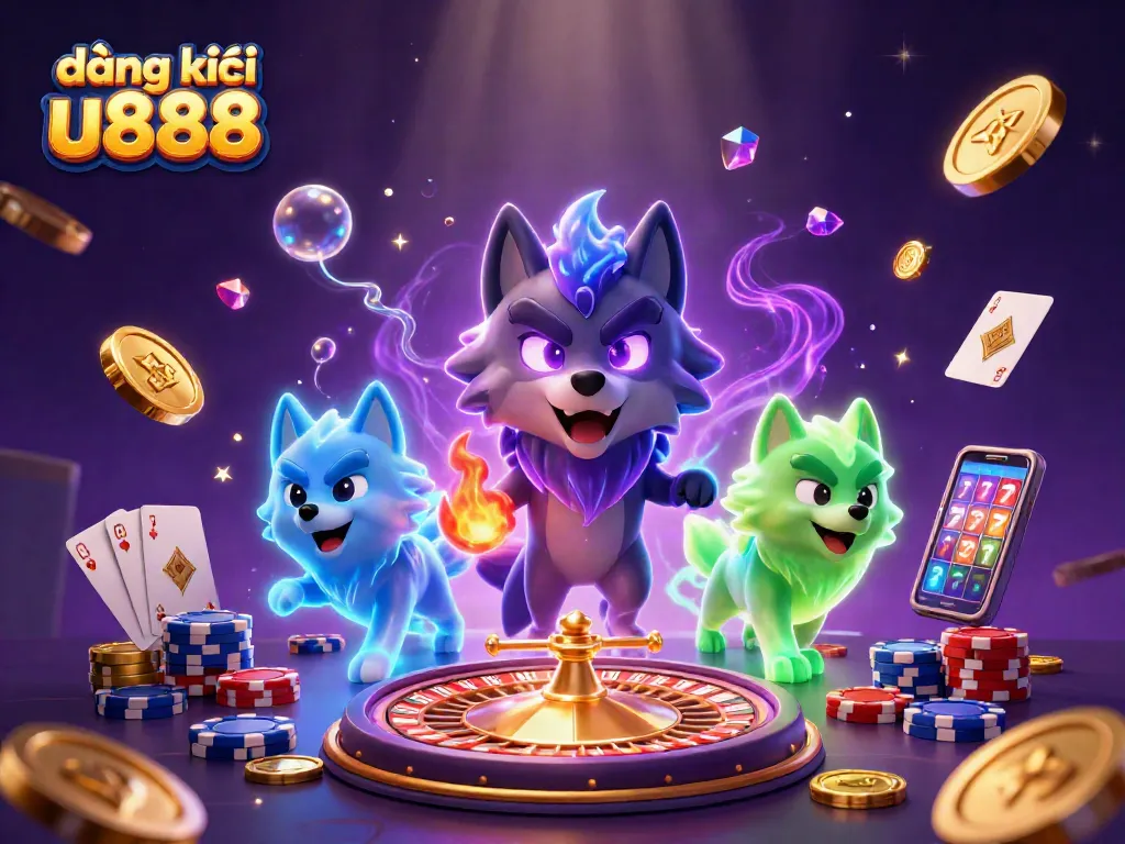 Engage in thrilling азартные игры with đăng ký u888, highlighted by dynamic casino elements and vibrant illustrations.