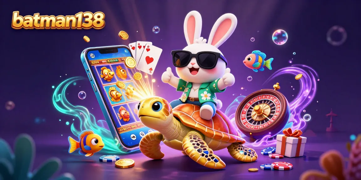 Enjoy thrilling gaming at batman138 with a lucky rabbit on a sea turtle amidst vibrant casino games.