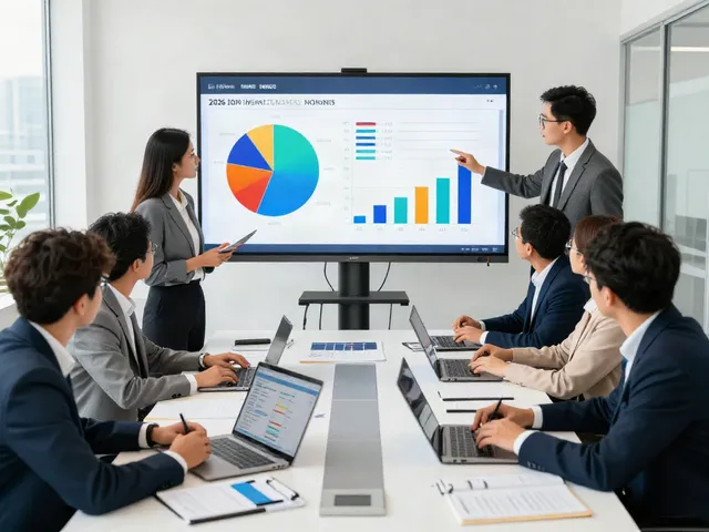 Team analyzing the top 10 insurance companies in the world data in a modern office