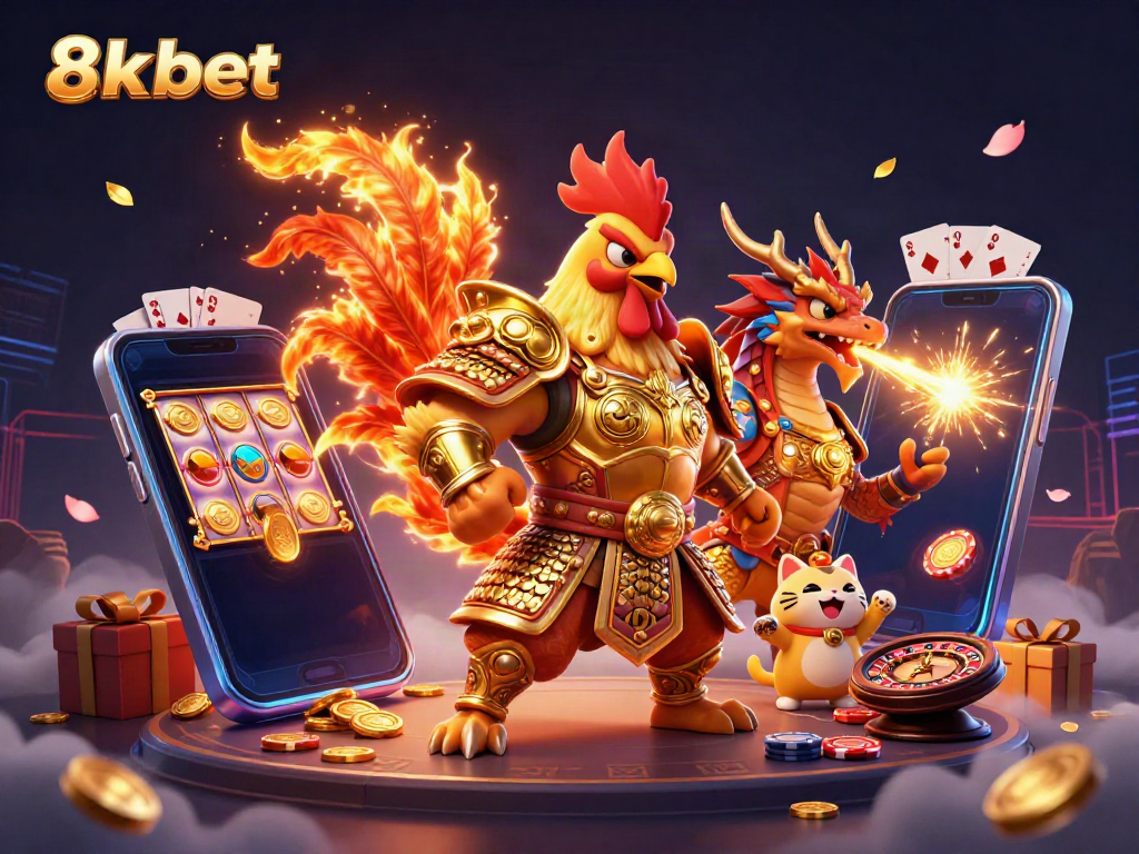 Experience thrilling 8xbet gameplay with a fighting rooster warrior and dragon in a vibrant casino scene.