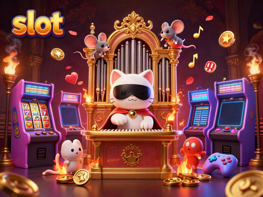 Gulungan slot berwarna cerah dalam ilustrasi 3D kasino dengan tokoh kucing misterius dan mouse akrobatik.