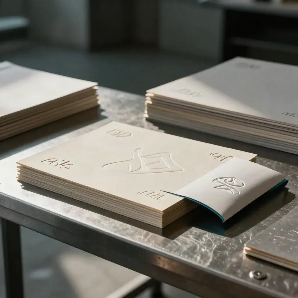 Foil-stamped logo plaques and a debossed sleeve on a studio finishing bench.