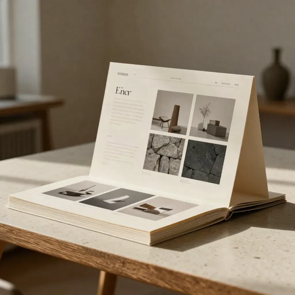 Sunlit website design mockup in matte boards and folded content map on travertine table