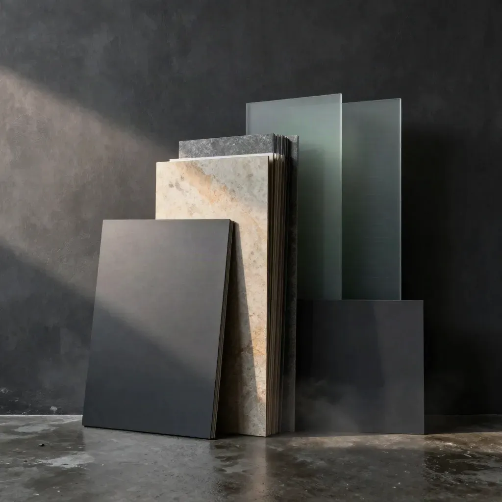 Moody dawn studio wall of brand boards, decks, swatches and motion cels on wet concrete.
