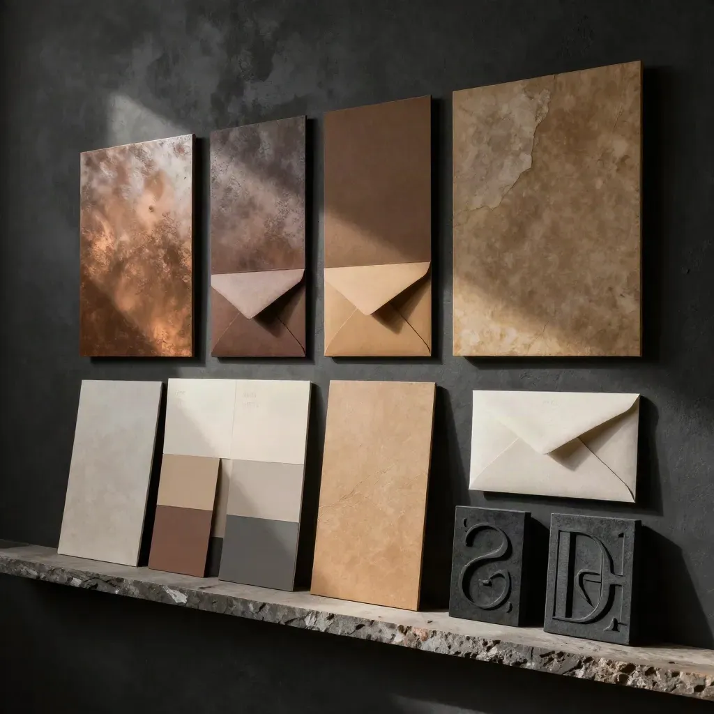 Brand identity materials arranged on a dramatic studio wall with raking light.