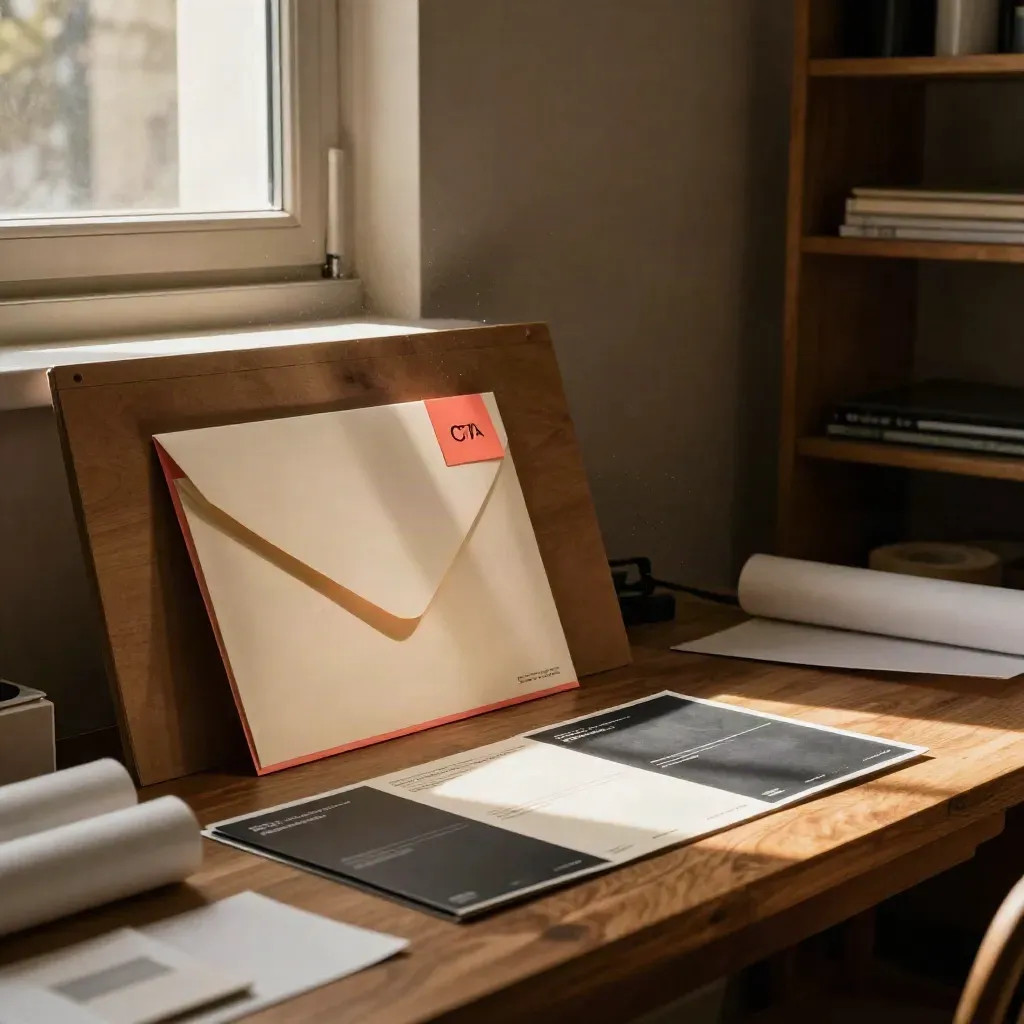 Landing page proof board with envelope, CTA tile and folded cards in a warm studio corner.