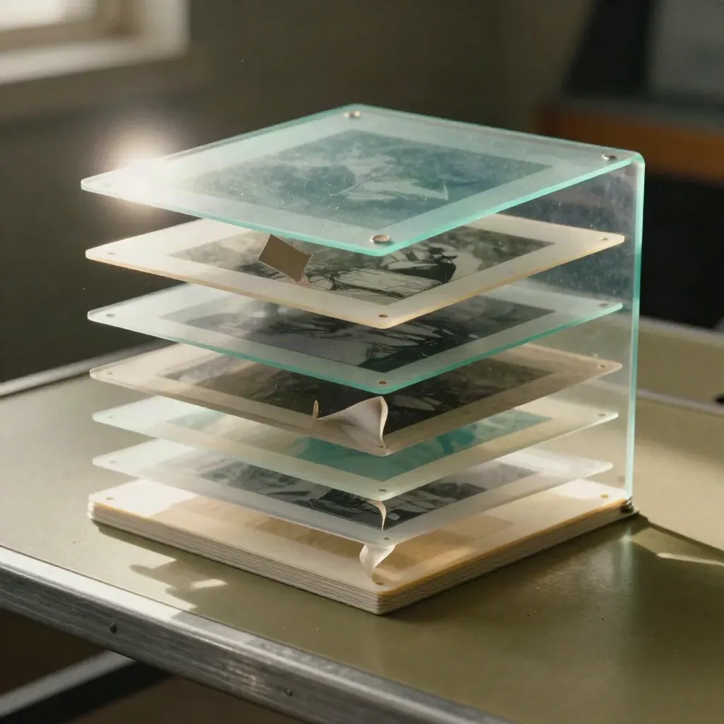 Layered animation cels overlap on a glowing light box, frozen mid-motion in a studio still life.
