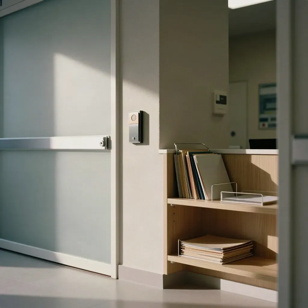 Low-angle clinic corridor with frosted wayfinding panels, file holders and a pale reception shelf.