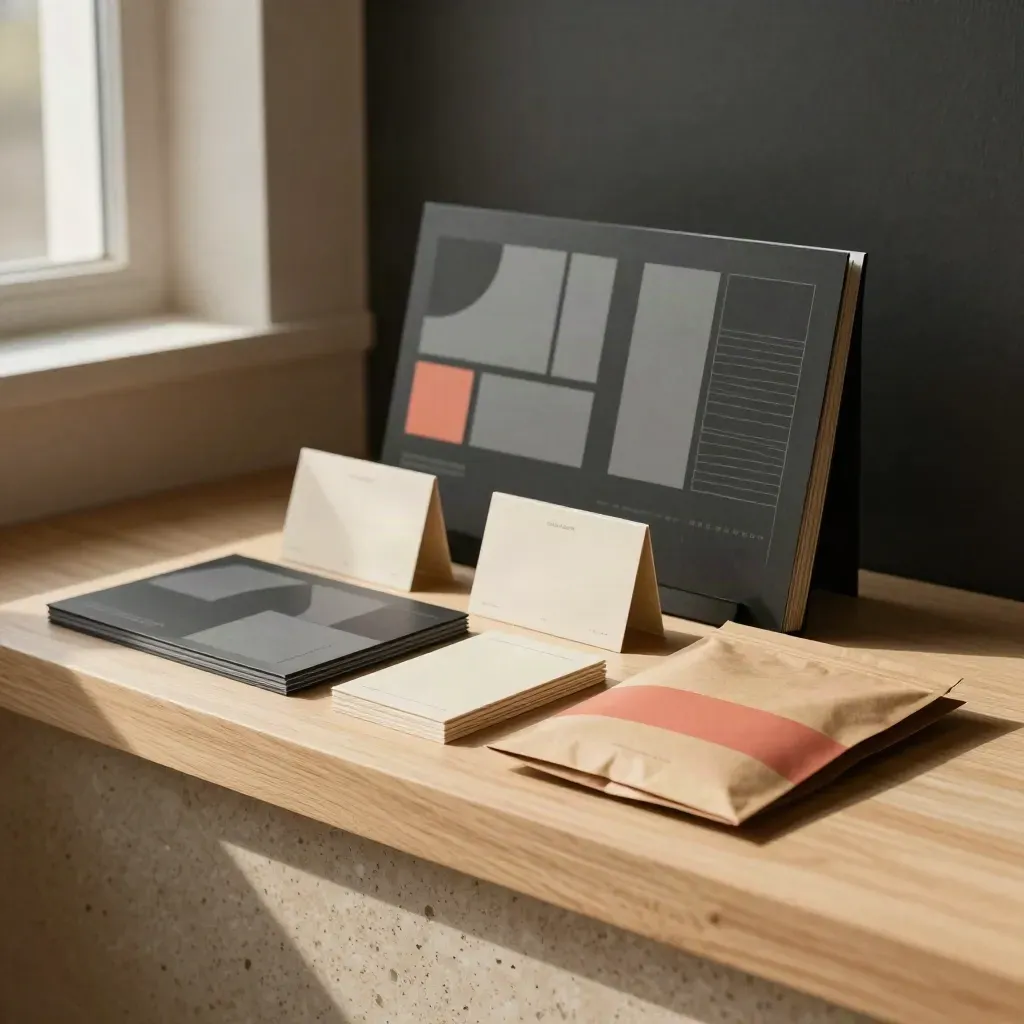 Sunlit launch-page boards, product cards, and a sealed outreach packet on a warm studio ledge.