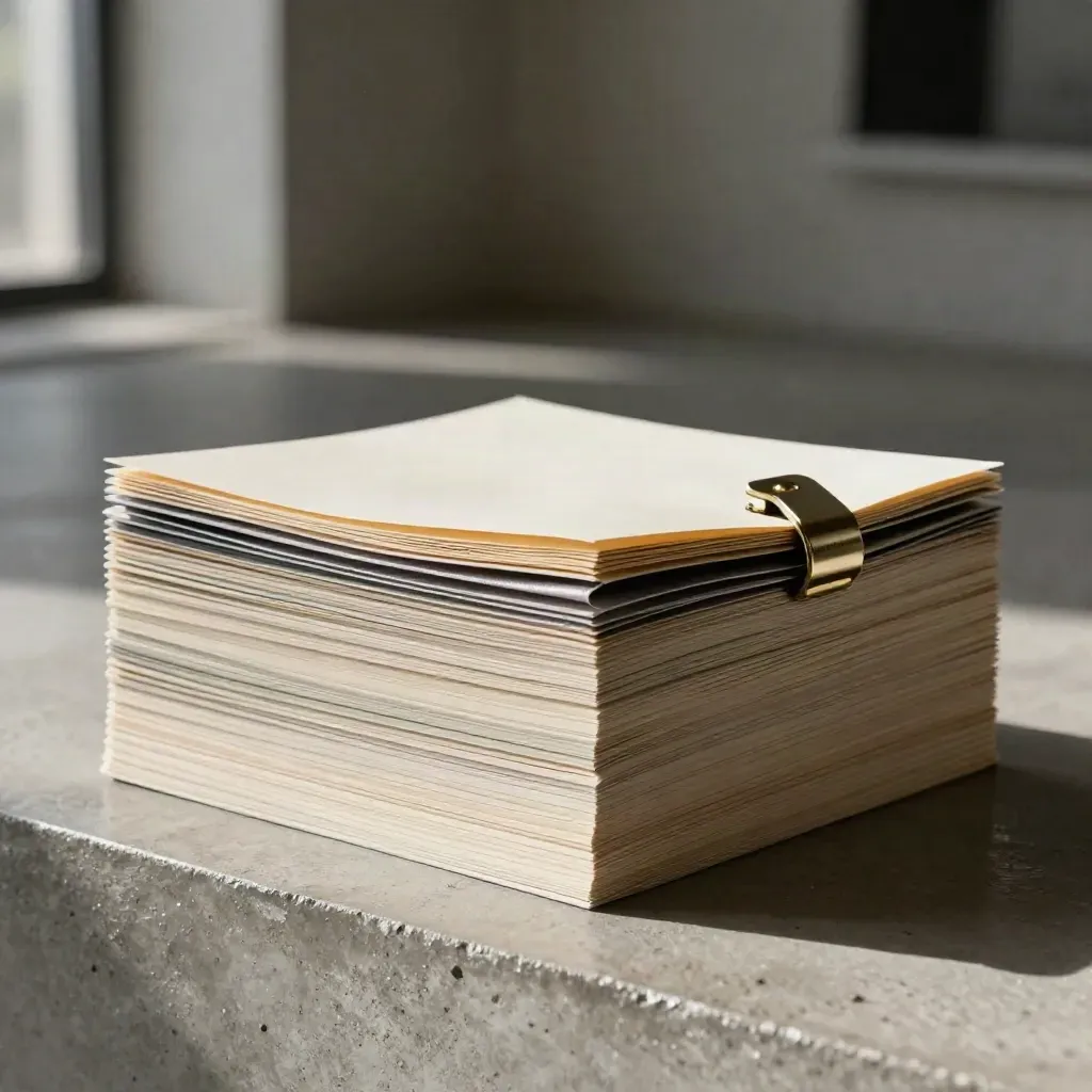 Stack of presentation folios with brass clip on a concrete shelf, side-lit in a studio