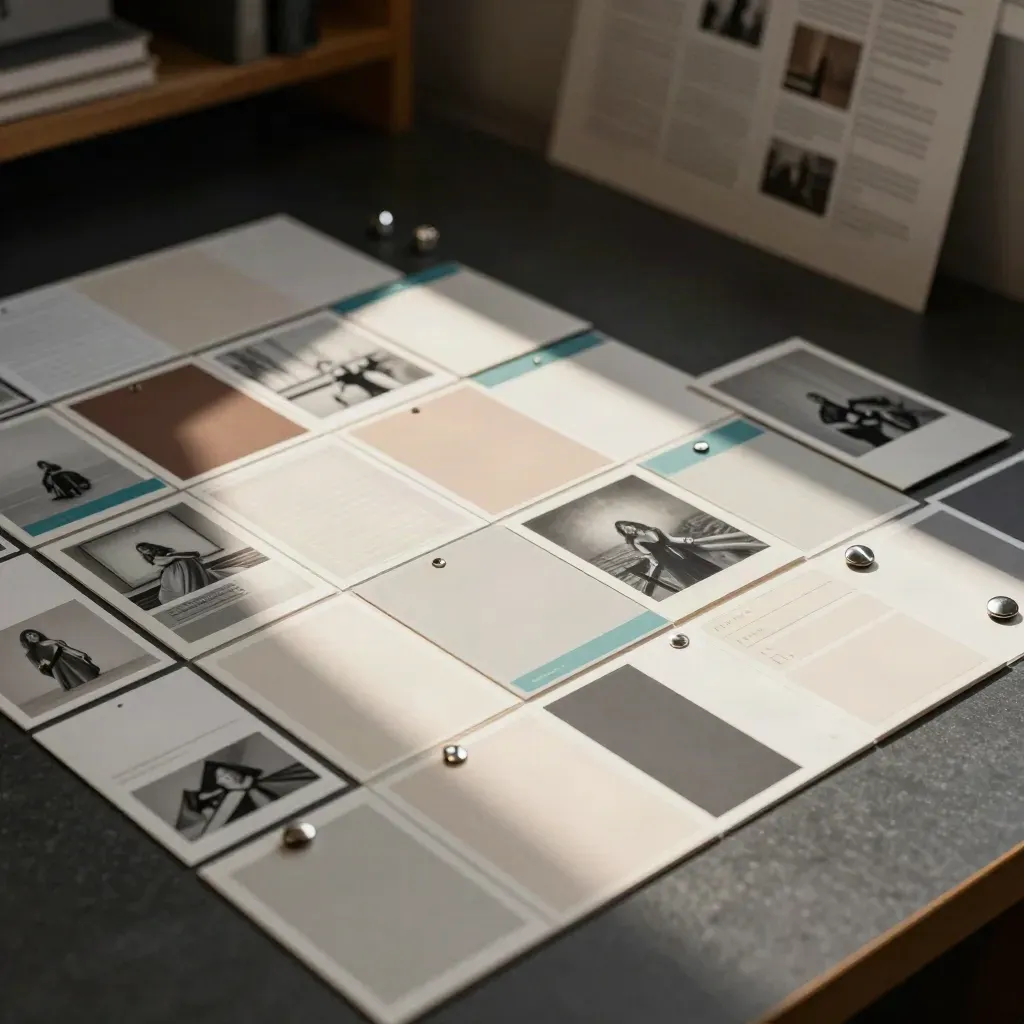 Modular social template cards and calendar tiles arranged on a studio workbench.
