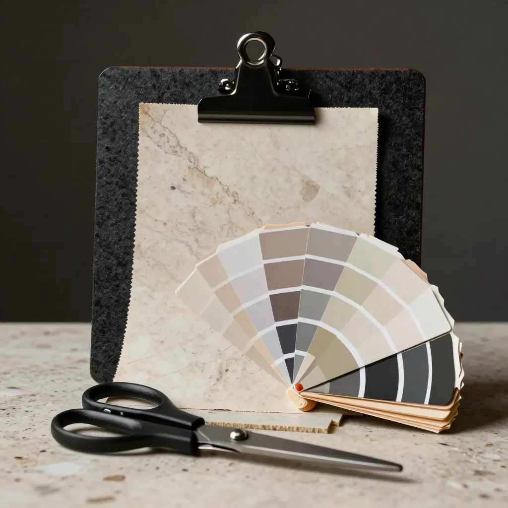 Creative director tools on travertine: swatches, clips, scissors, and a colour fan