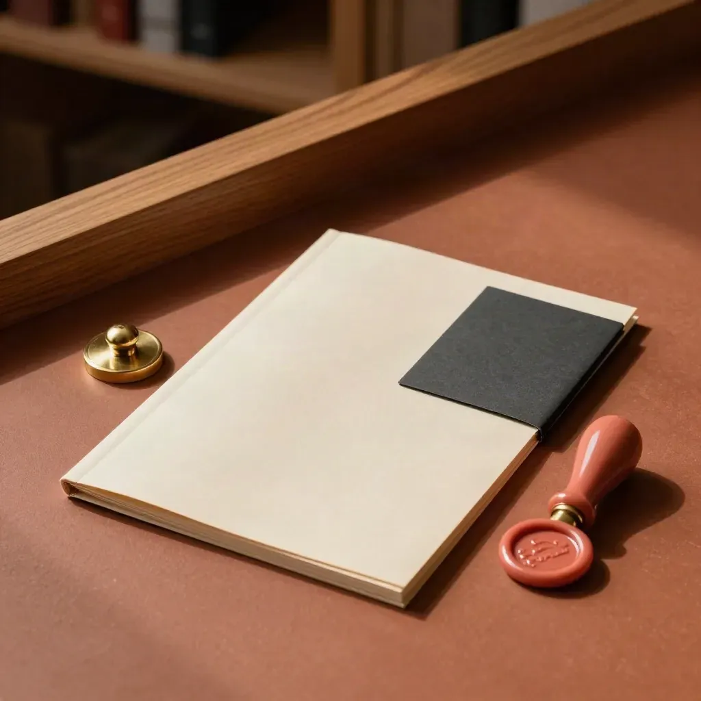 Sealed proposal folio, card case and brass seal on terracotta stone with soft daylight