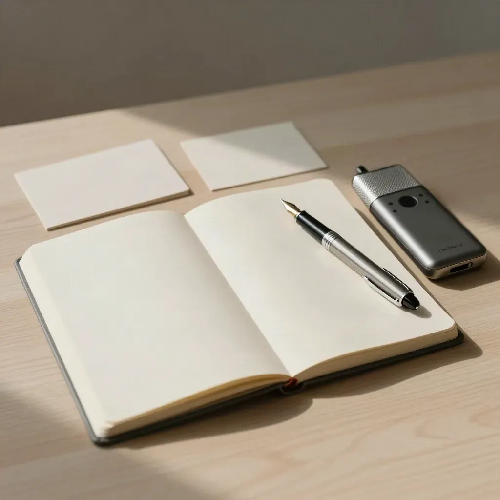 Open notebook, blank cards, fountain pen and voice recorder on pale wood in soft morning light