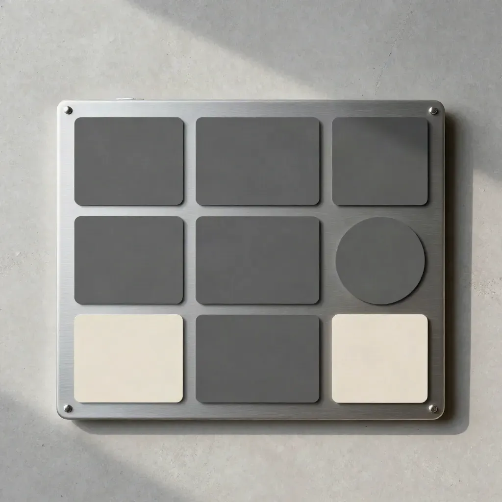 Overhead storyboard grid with blank tabs and geometric placeholders on cool concrete.