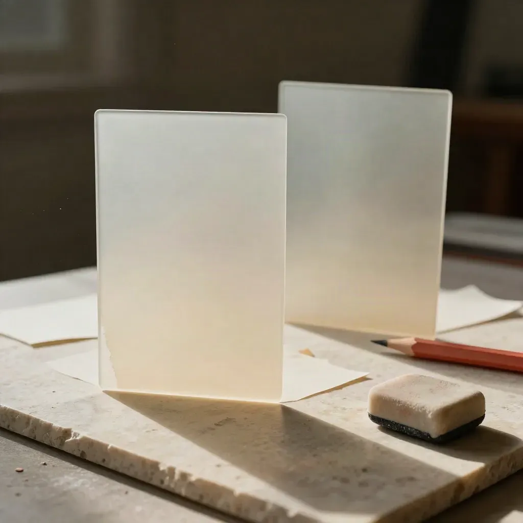Acetate overlays, paper swatches, a coral pencil and eraser on stone for design review