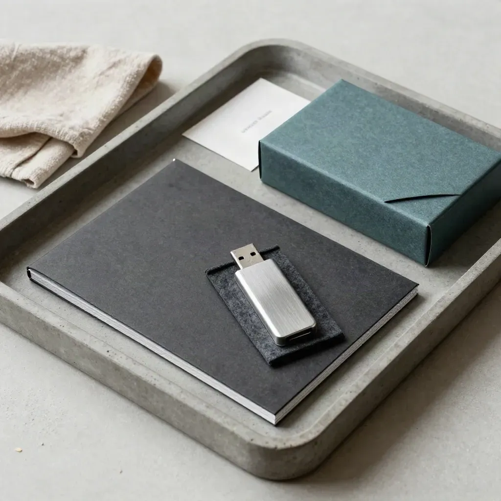 Archival folder, USB drive, and handoff box on a concrete tray with soft teal accent.