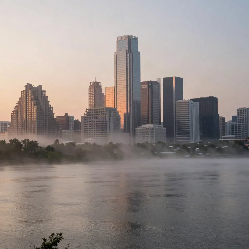 Austin skyline above Lady Bird Lake at sunrise, warm mist and calm reflective water.