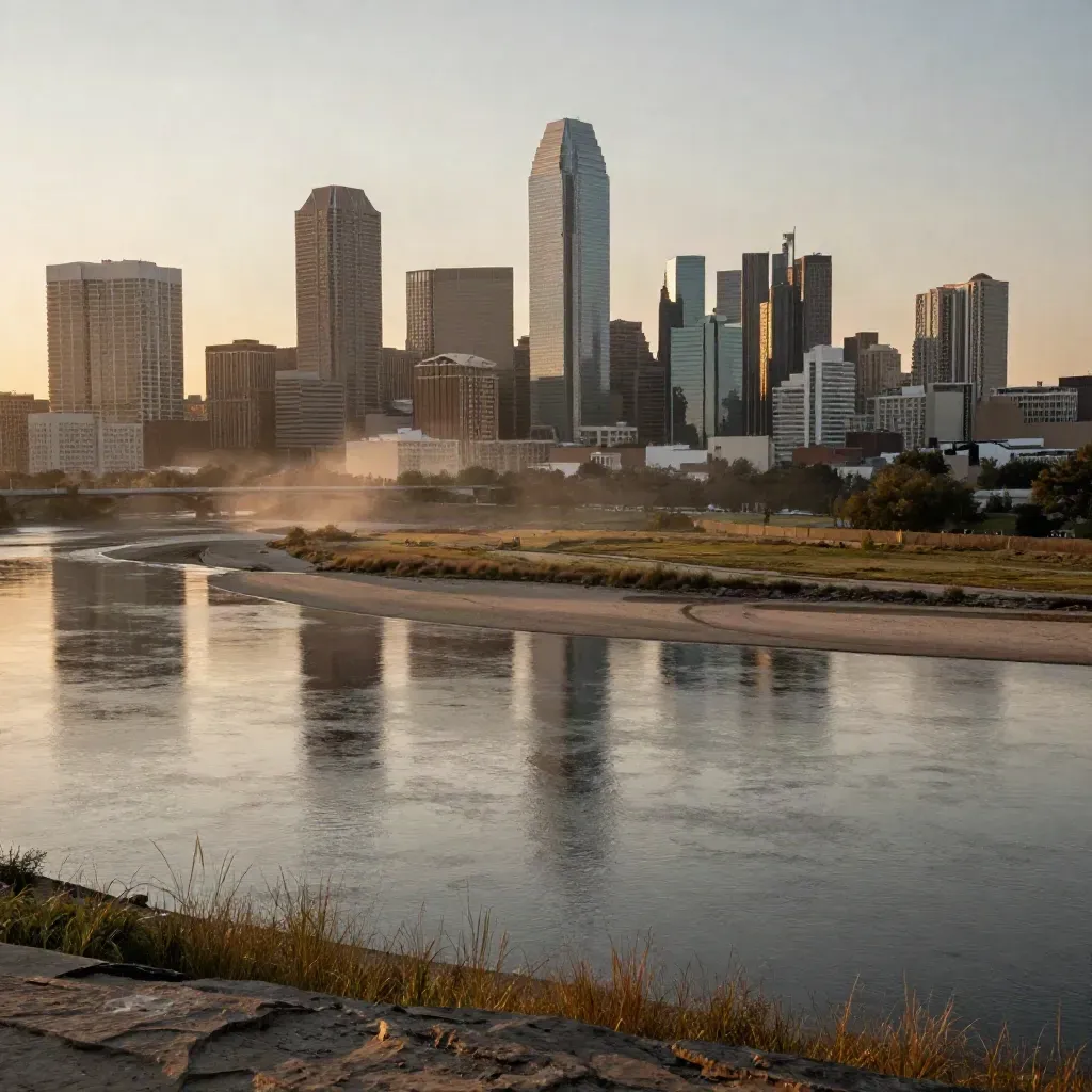 Dallas skyline above the Trinity River at golden hour with calm reflective lowlands.