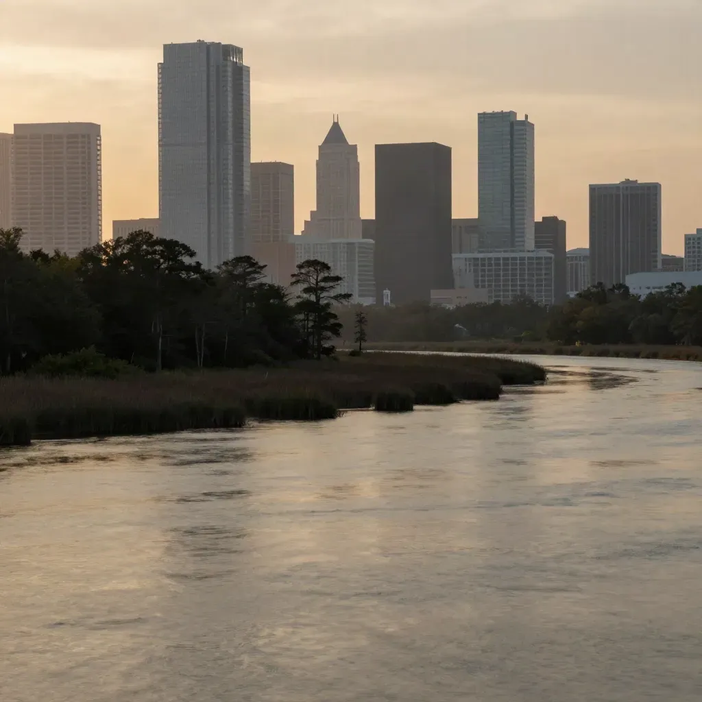 Houston skyline hovering over hazy marsh at dawn with open wetland foreground.