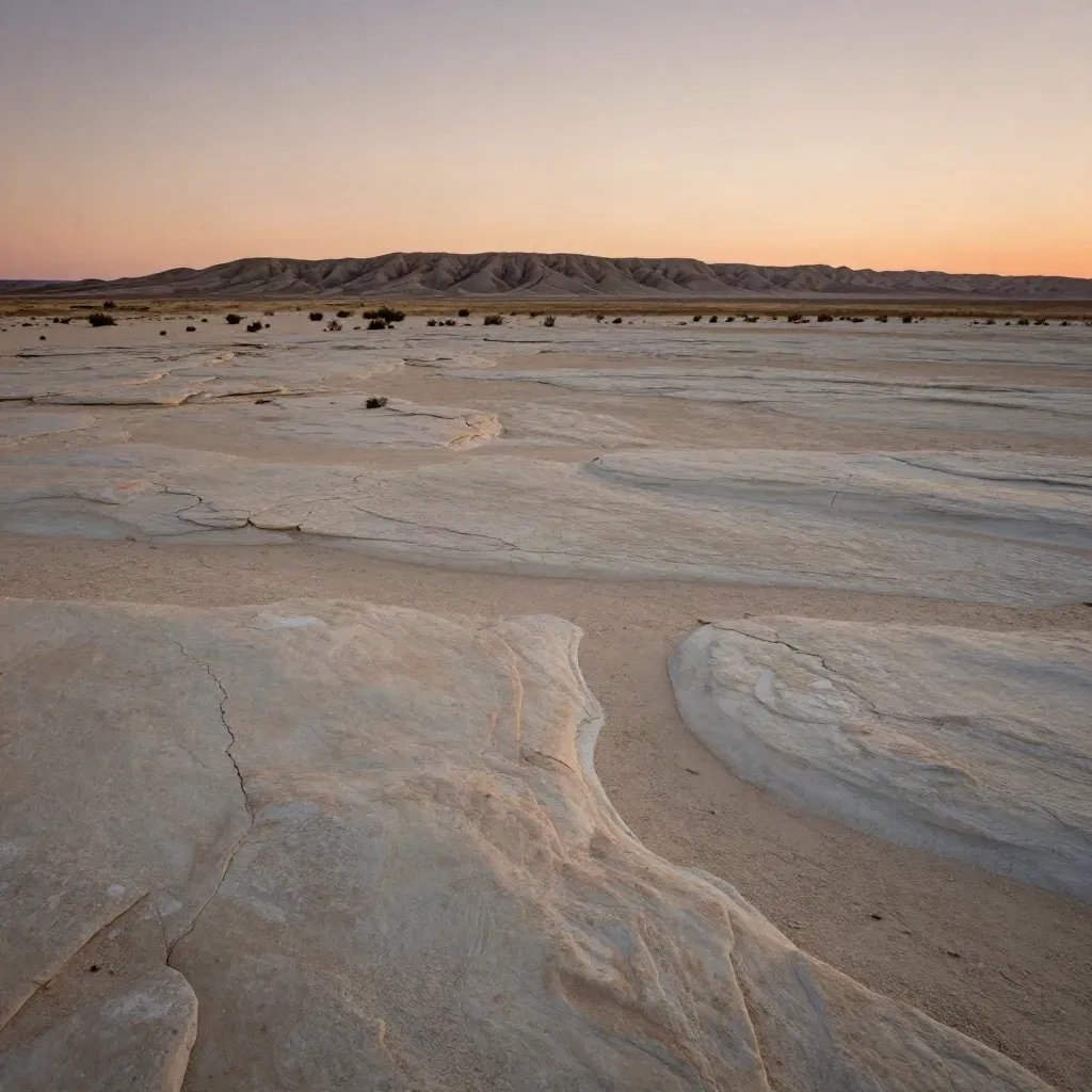 West Texas limestone plain at sunset with haze, mesquite shadows, and distant ridge