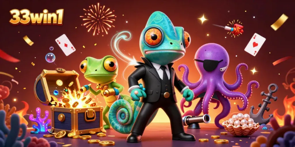 Win big with 33win1 at the vibrant casino adventure scene featuring exciting characters and rich visuals.