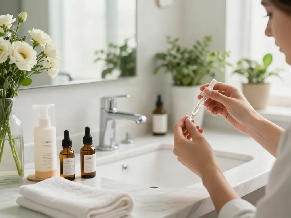 Person applying GHK-Cu serum during a skincare routine in a bright bathroom.