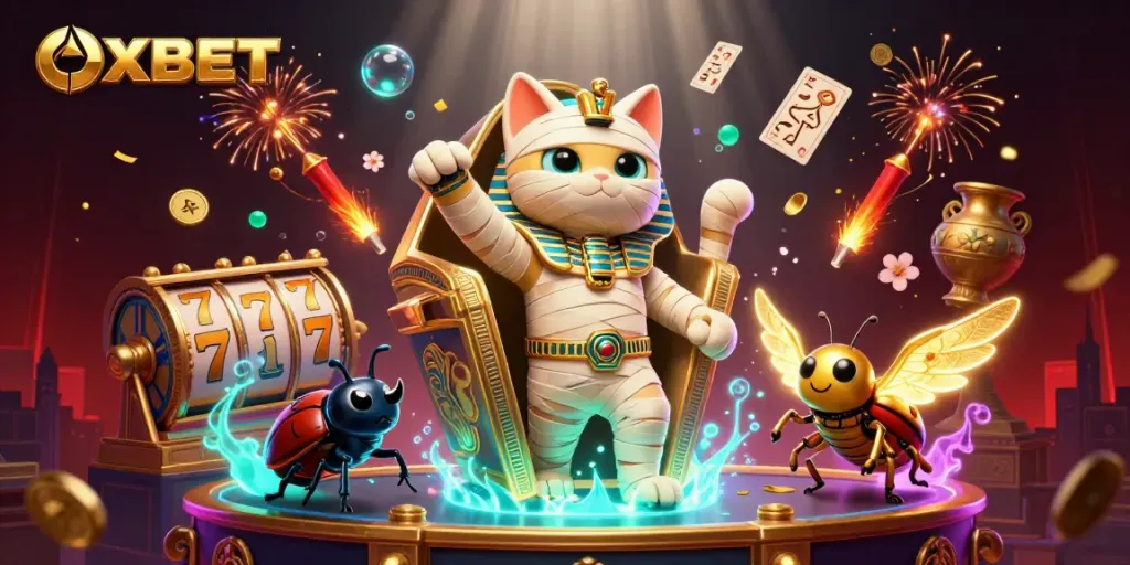 Experience OXBET’s vibrant casino scene with a mummy cat and golden elements, ready for excitement!