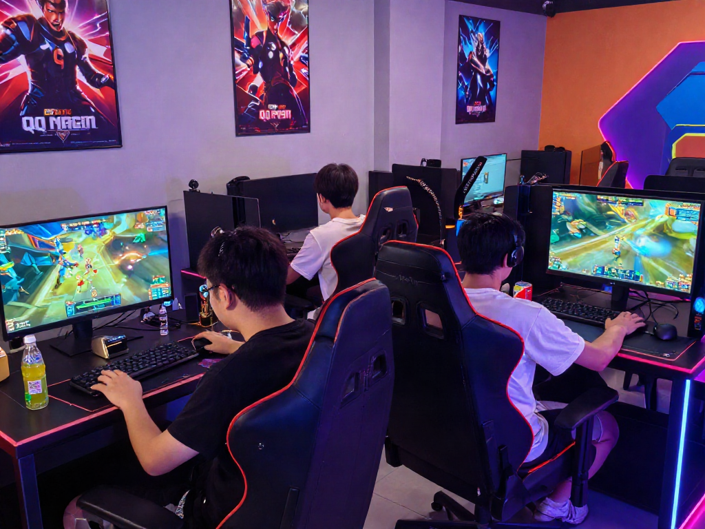 Gamers enjoying QQ Macan in a lively gaming lounge with vibrant lighting.