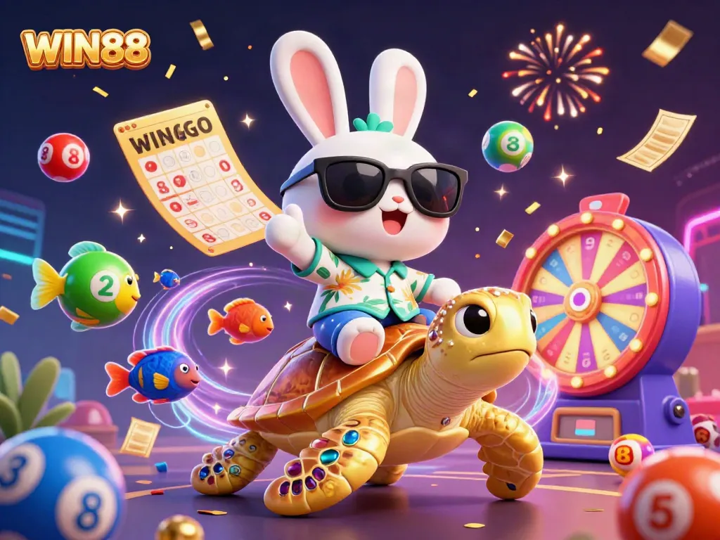 Experience the joy of gaming with WIN88 as a lucky rabbit celebrates with a golden sea turtle in a vibrant casino scene.